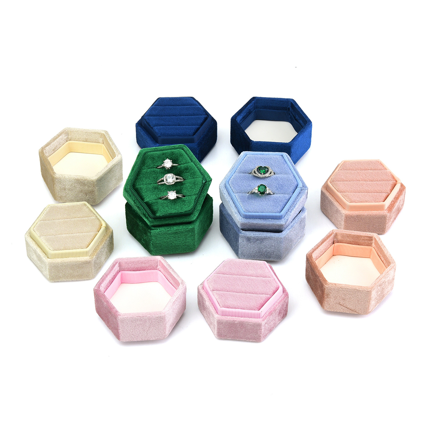 custom hexagon velvet ring box for jewelry packaging