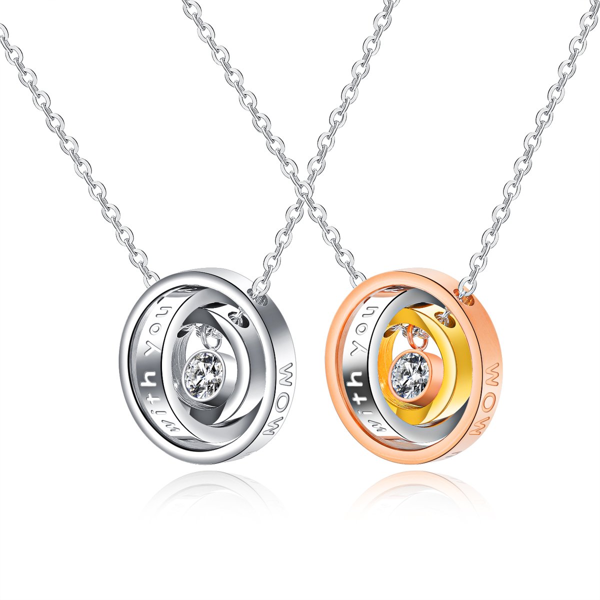 Love you mom rotating rings pendant necklace in silver and rose gold with cubic zirconia