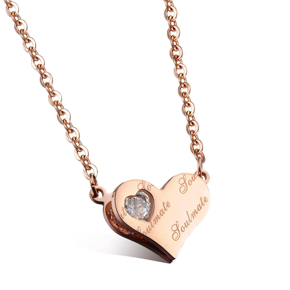 Rose gold soulmate heart pendant necklace with engraved lettering