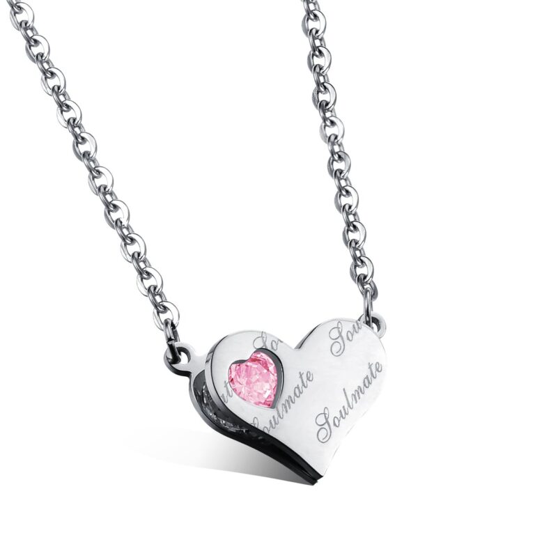 Silver soulmate heart pendant necklace with pink cubic zirconia
